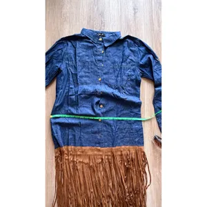 Set sunglasses & Blue Chambray Shirt Dress with Brown Faux Suede Fringe Hem - M thumbnail 7