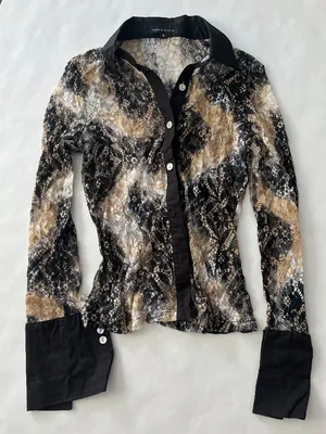 Vintage VTG Tempo Paris 90s Ombre Black Tan Lace Button Down Y2K Collared Top S thumbnail 1
