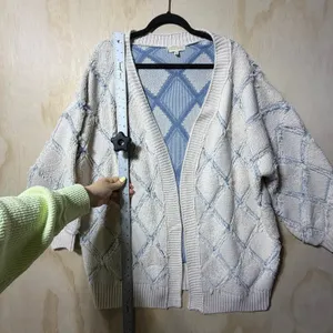 Gilded Intent Cardigan‎ Sweater L Blue Cream Chunky Knit Open Front thumbnail 7
