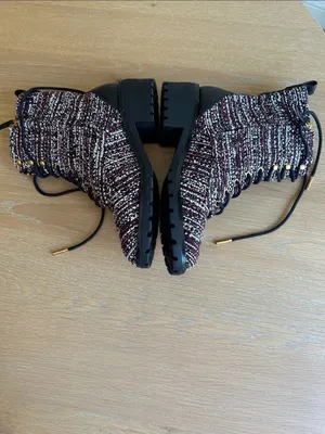 Tory Burch Miller Combat Tweed & Leather Lace Up Booties Burgundy/White 7.5 NWOT thumbnail 5