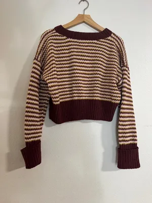 Pink Republic Striped V-Neck Sweater in Burgundy, Cream & Mustard cropped thumbnail 2
