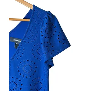 ModCloth Eyelet Dress Women Medium Blue Ruffle Hem V Neck Short Sleeve Mini thumbnail 4