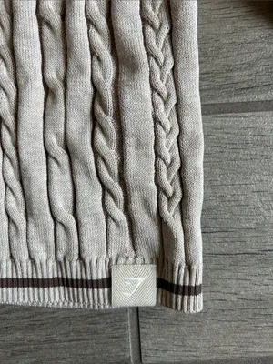 Gymshark Cropped Cable-Knit Polo Sweater in Light Beige with Brown Trim thumbnail 4