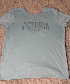 Victoria Sport Womens Light Blue Scoop Back Logo Short Sleeve T-Shirt thumbnail 1