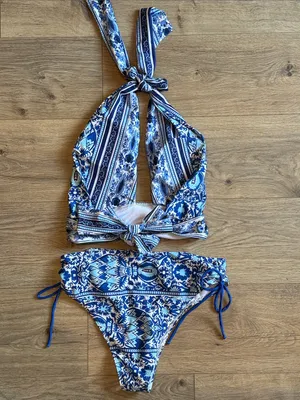 Blue Boho Mosaic High-Waist Halter Bikini Large Modest thumbnail 2