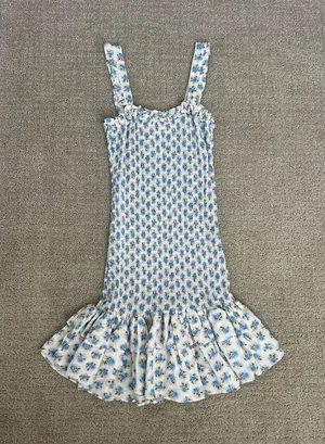 Smocked Blue Floral Ruffle-Hem Mini Dress Size XS thumbnail 1