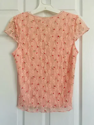Y2K Coquette Pink Lace Floral Babydoll Top Fairycore Romantic V-Neck Womens Sz L thumbnail 2