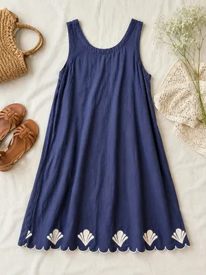 Calypso St. Barth Navy Linen Blend Scallop Hem‎ Shell Dress Small Coastal Boho thumbnail 1