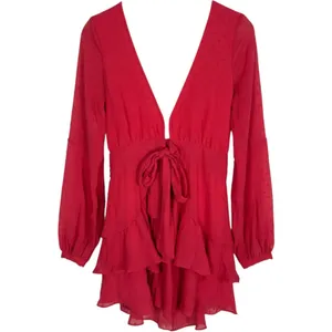 For Love & Lemons Coral Clip Dot Ruffle Mini Dress Deep V-Neck Long Sleeve Small thumbnail 4