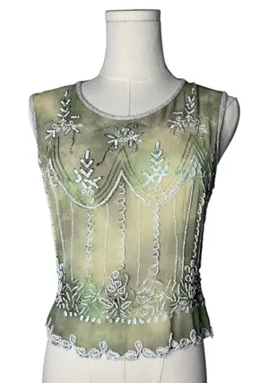 Vintage Green Silk Heavy Beaded Sleeveless Top Boho Fairycore Chic Forest Nymph thumbnail 1