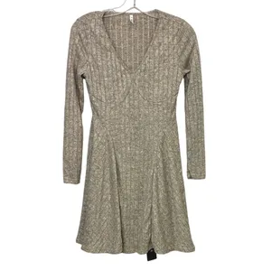 Halara Womens Long Sleeve Ribbed V-Neck Fit & Flare Mini Dress Oatmeal Grey‎ S thumbnail 3