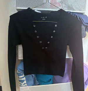 Urban Outfitters Long Sleeve Crop Top Henley Black thumbnail 1