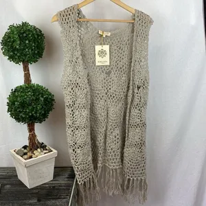 Rebellion Tan Sheer Crochet Fringe Open Front Cardigan Sweater NEW L thumbnail 3