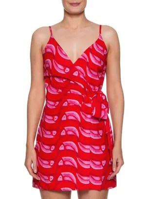 NWT Farm Rio Linen blend Copabanana Wrap Mini Dress Red Pink Size M thumbnail 1