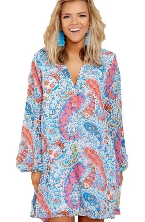 Womens Boutique Pastel Confetti Paisley Split Neck Dress - Sz XXL thumbnail 1