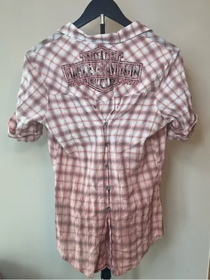 Harley Davidson Corset Back Plaid Shirt‎ Small Pink Spellout Logo Fitted thumbnail 1