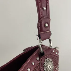 Y2K Red Burgundy Faux Tooled Leather Western Studded Shoulder Bag thumbnail 5