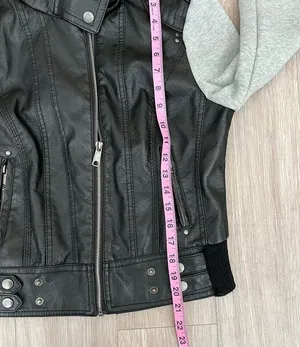 Last Kiss Y2K Black Leather Hybrid Gray Hooded Zip Moto Jacket Size Medium thumbnail 14