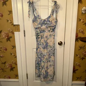 Light Yellow and Blue Floral Sundress with Tie Straps thumbnail 6