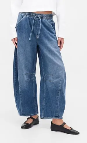 GAP Easy Pull On High Rise Elastic Waist Horseshoe Barrel Jeans Blue XXS thumbnail 1