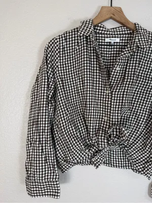 Madewell Gingham Flannel Tie Front Shirt Brown Gingham Check size Large $80 thumbnail 6