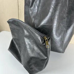 Anthropologie Leather Akimbo Shoulder Tote Bag w/ Pouch Black Charcoal Brass thumbnail 3