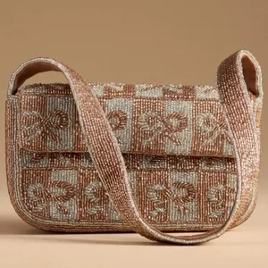 Anthropologie Fiona beaded shoulder bag bows metallic bronze mixed coquette thumbnail 4