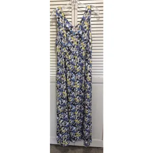Lucky Brand Floral Elastic/Tie Waist Lined Maxi Dress Size XL V Neck Blue/Yellow thumbnail 6