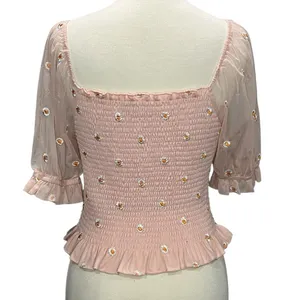 Altar'd State Smocked Top Women M Pink Embroider Daisy Ruffle Coquette Feminine thumbnail 4