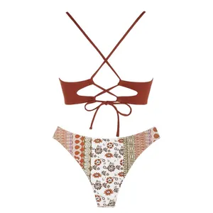 NWT ZAFUL Womens Ribbed Triangle Boho Print High Cut Swimsuit Coffee Small thumbnail 4