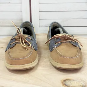 Sperry Top Sider Laguna Leather Canvas Slip On Loafer Boat Shoes‎ Tan Blue 8 thumbnail 2