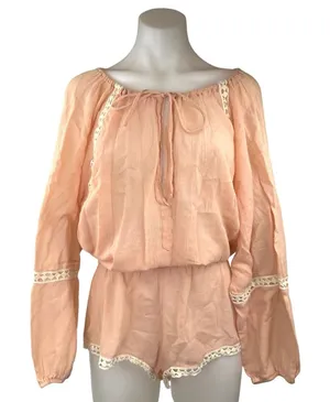 Eberjey Summer Of Love Orange Tie Neck Long Sleeve Lace Trim Jumpsuit Romper M thumbnail 1