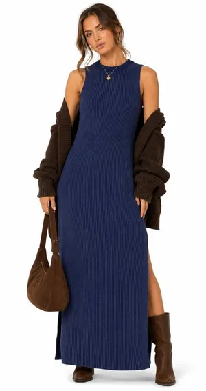 Grace Sleeveless Ribbed Striped Midi Column Dress Navy Blue Minimalist Size L thumbnail 1