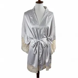 Flora Nikrooz Silver Satin Lace Trim Kimono Robe XL Loungewear Bridal thumbnail 2