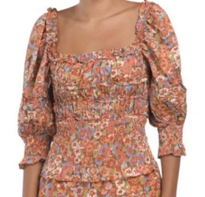 NWT House of Harlow 1960 puff sleeve floral smocked top charisma orange top sz M thumbnail 1