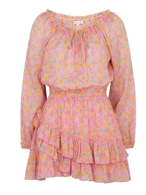 LoveShackFancy Pink yellow Floral Rayna Cotton Mini Dress size S Ruffled Layers thumbnail 1