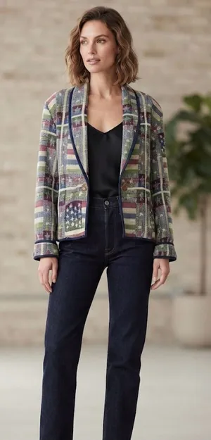 New Identity Vintage Americana Stars Stripes Womens Tapestry Blazer Jacket XL thumbnail 1