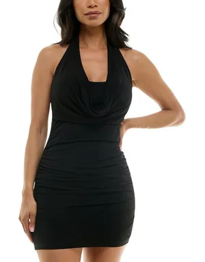 NWT Emerald Sundae Draped Halter Open Ruched Back Juniors Top JWC1061 Black 2XS thumbnail 1