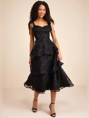 Lulus Black Burnout Jacquard Tie Strap Bustier Midi Dress Large New NWT thumbnail 2