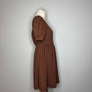 Molly Green - Brown & Pink Textured Dress with Puff Sleeves thumbnail 4