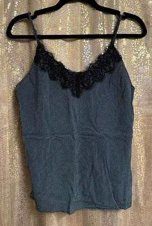 Avec Les Filles Navy Blue‎ Black Polka Dot Lace Camisole Top Medium thumbnail 1