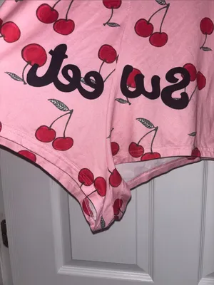 Juniors Pink Long Sleeve Romper Onesie Pajama Cherry Print Sweet Text thumbnail 6