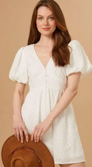 ALTAR’D STATE Briana Eyelet Puff Sleeve Sweetheart Mini Dress in White Size XL thumbnail 1