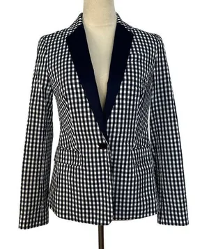 J.Crew Gingham Check Blazer Blue White Tuxedo Lapel‎ Professional Womens Size 2 thumbnail 1