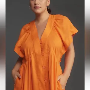 ANTHROPOLOGIE Flutter Sleeve Button Front‎ Midi Dress Orange thumbnail 9