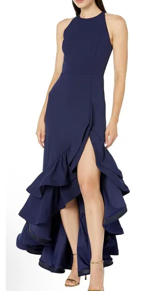BETSY & ADAM NWT Long Halter Crepe Tiered Ruffle Gown Dress Navy Size 4 thumbnail 1