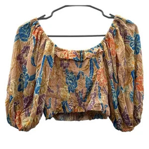 Urban Outfitters Beige Multicolor Tropical Floral Print Cropped‎ Top Size S thumbnail 2
