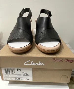 Clarks Lafley Joy Black Leather Perforated Wedge Sandals 8.5M 45421‎ New thumbnail 1