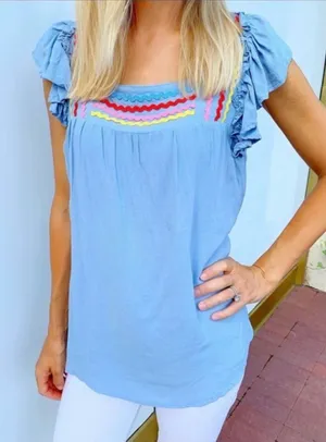 Women's Blue Ruffled Top Size M thumbnail 1