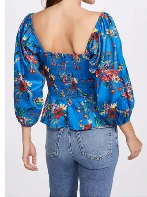 Parker Iggy Blue Floral Peplum Puff Sleeve Tie Front Blouse Size Small thumbnail 9